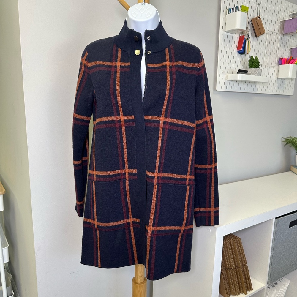 MAX STUDIO Longline Double Knit Plaid Mock Neck Zip Front Cardigan Sz Small